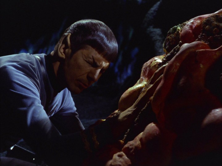 Spock, in pain, mind-melds with the rock monster Horta in "The Devil in the Dark"