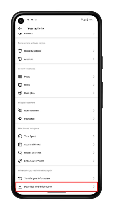 Where to find Download your data in Instagram.