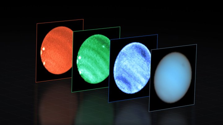 Esta imagem mostra Netuno observado com o instrumento MUSE montado no Very Large Telescope do ESO (VLT).  Em cada pixel de Netuno, o MUSE divide a luz que chega em suas cores ou comprimentos de onda constituintes.  Isto é semelhante à obtenção de imagens em milhares de comprimentos de onda diferentes de uma só vez, o que fornece uma riqueza de informações valiosas aos astrónomos.