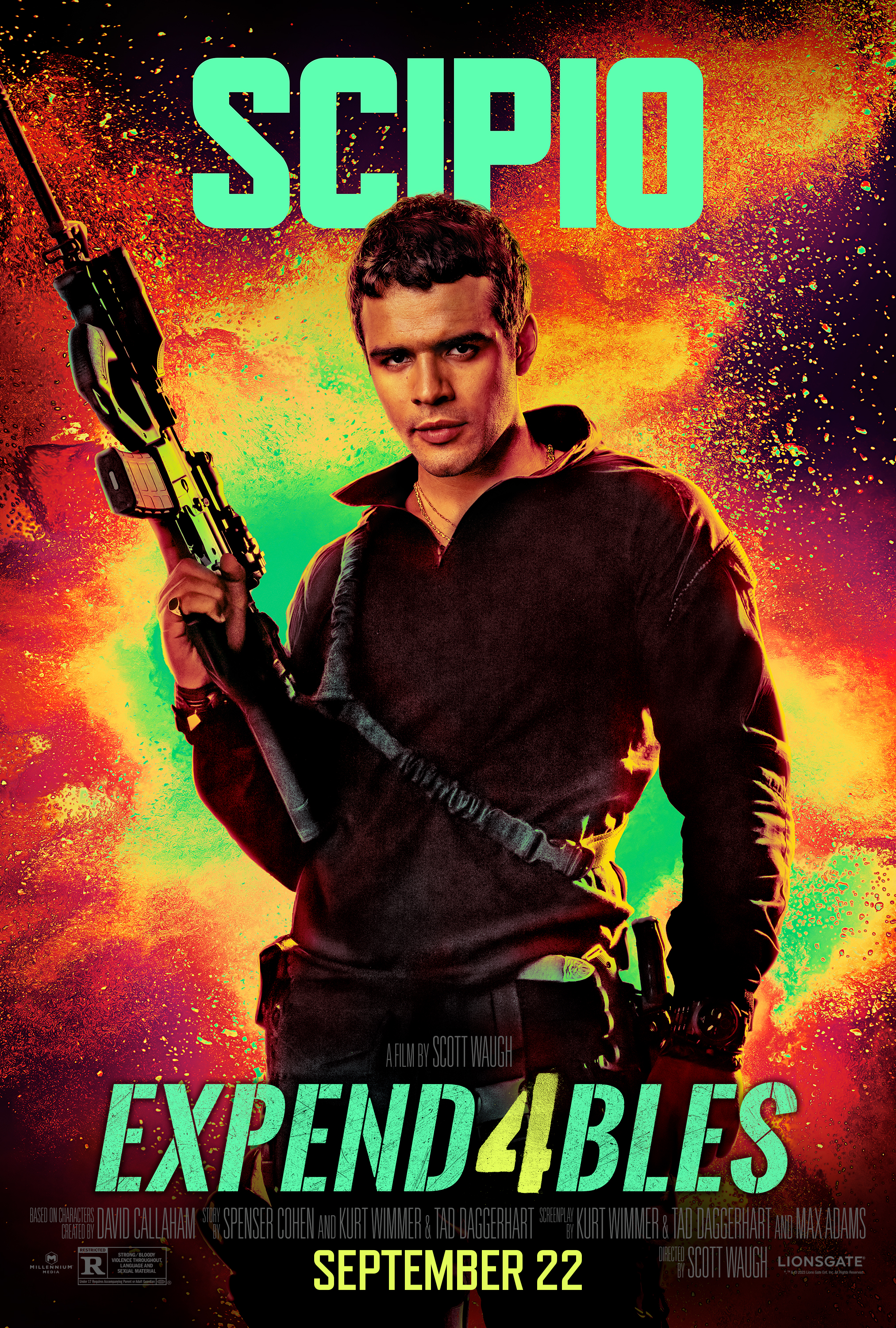Jacob Scipio apunta su arma hacia arriba en el póster de Expend4bles.