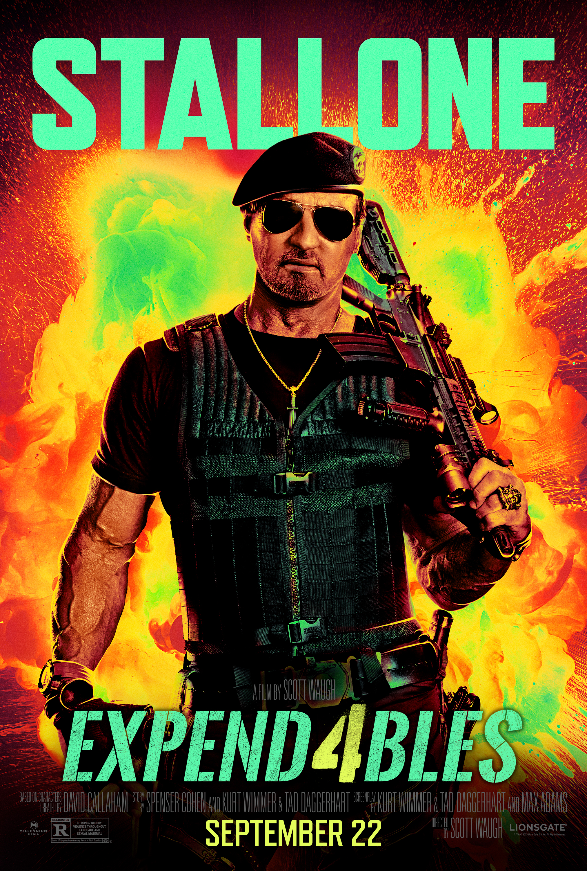Sylvester Stallone coloca una pistola sobre el hombro en el póster de Expend4bles.