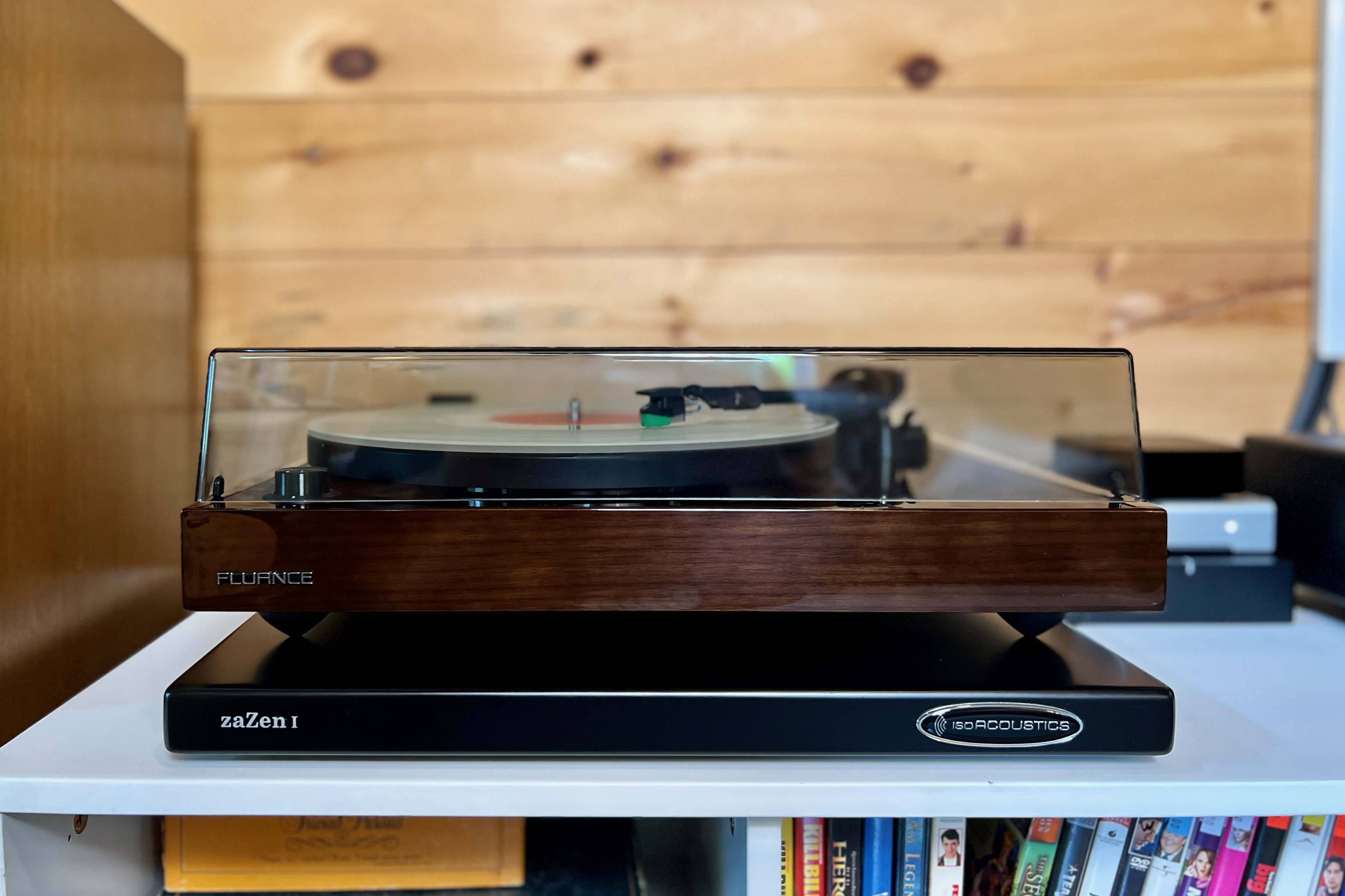 The Fluance RT81+ turntable in walnut finish with the dust cover down.