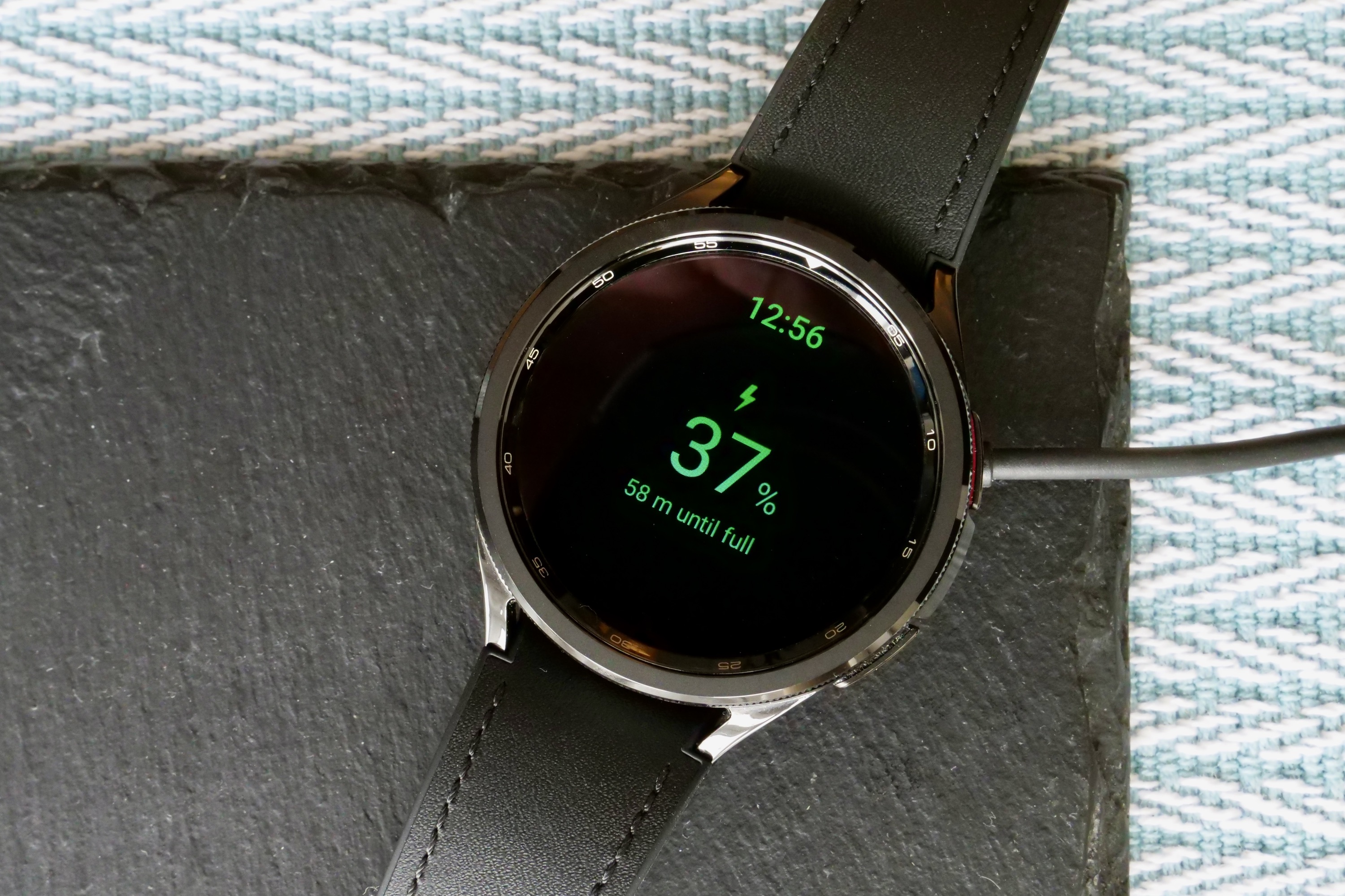 The Samsung Galaxy Watch 6 Classic on charge.