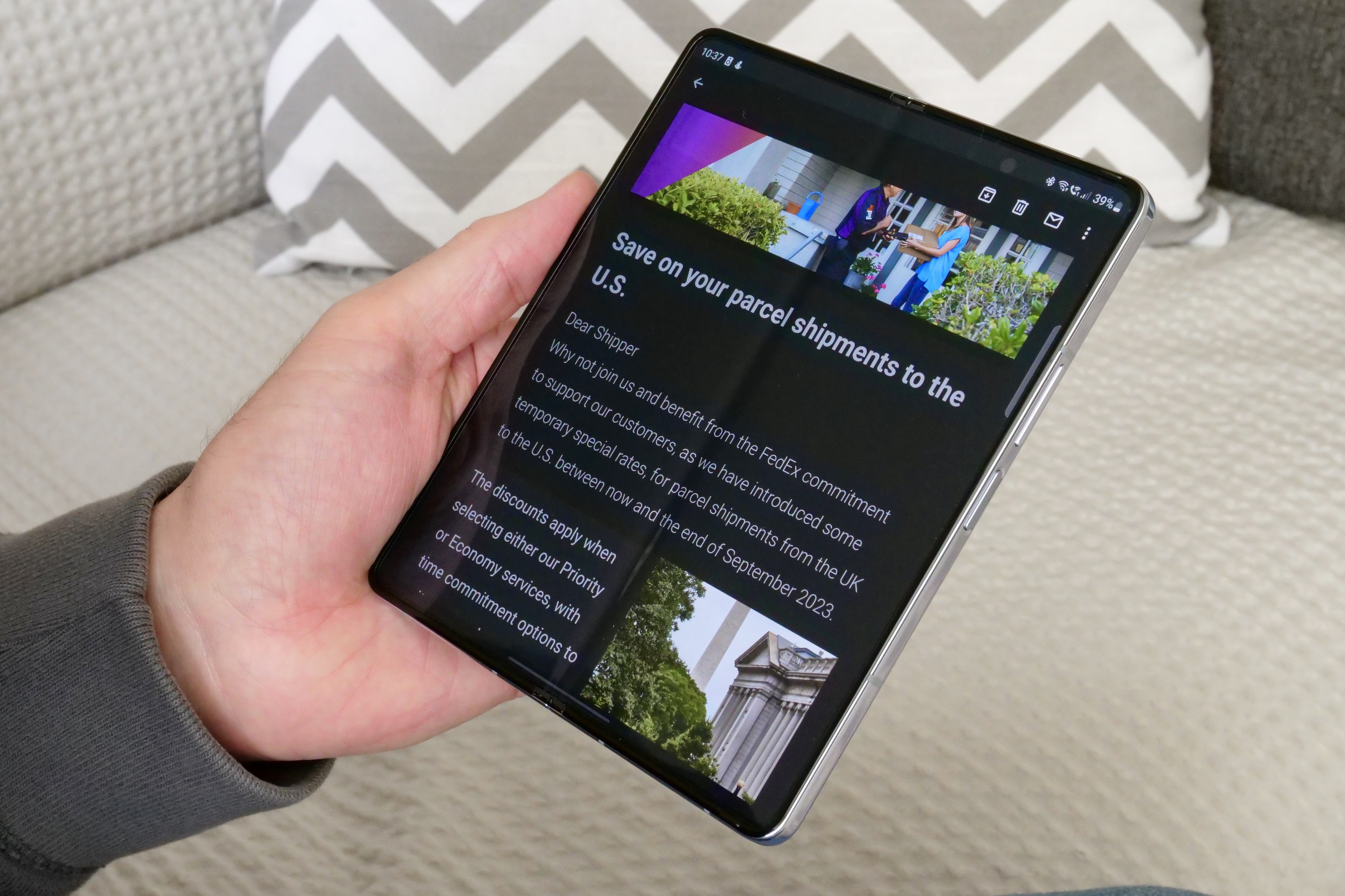Reading an email on the Samsung Galaxy Z Fold 5's open screen.
