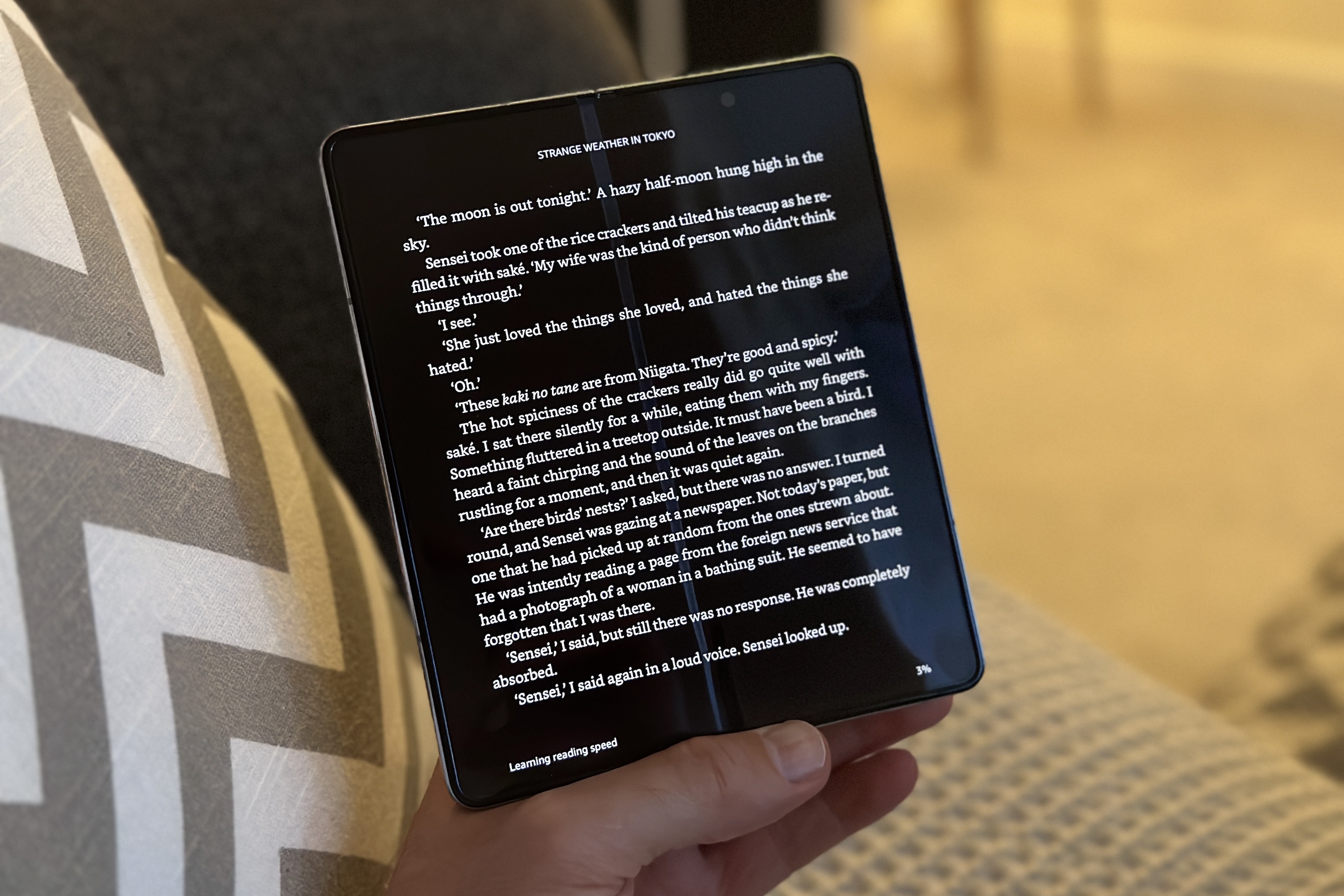 The Kindle app running on the Samsung Galaxy Z Fold 5's open screen.