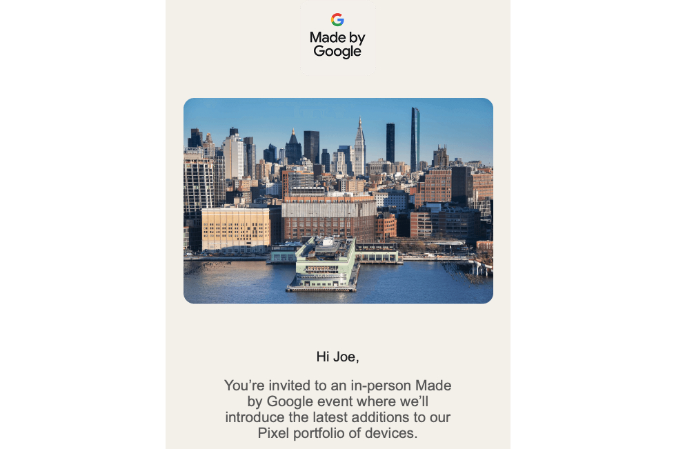 Event invite for Google's Made by Google event happening in October 2023.
