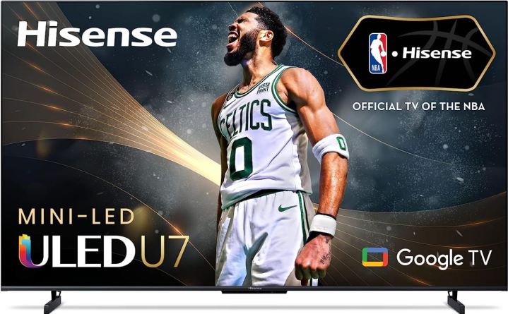 Uma TV Hisense Mini LED ULED U7 com um jogador de basquete.