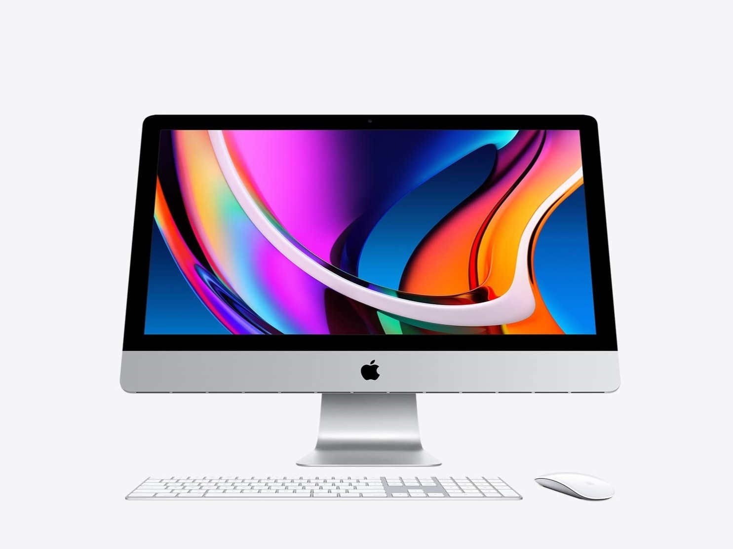 Tela Retina 5K de 27 polegadas do iMac com imagem de produto de teclado e mouse.