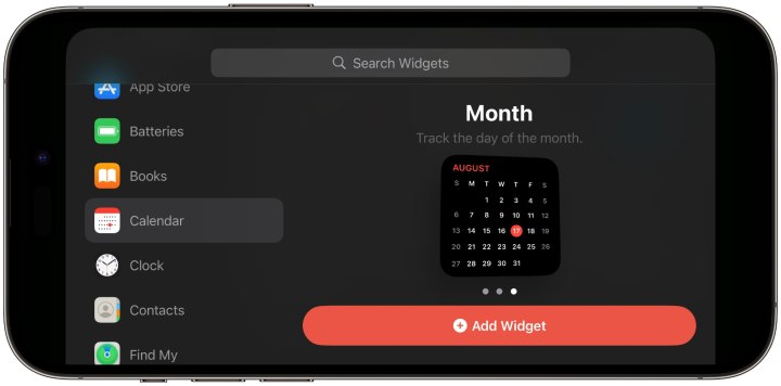 Selecting the Calendar Month view widget in iOS 17 StandBy.