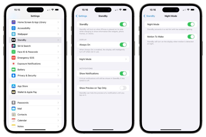 Three iPhones showing settings for StandBy on iOS 17.