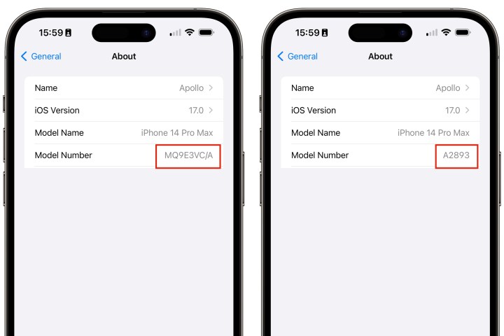两部 iPhone 在“设置”、“常规”、“关于”屏幕中显示部件号和型号。