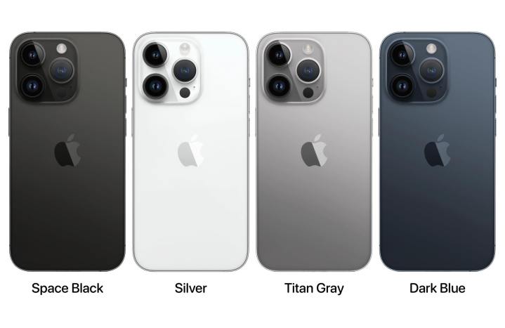 Renders of iPhone 15 Pro in Space Black, Silver, Titan Gray, and Dark Blue colors.