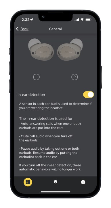 App Jabra Sound+ per le impostazioni di rilevamento in-ear iOS.