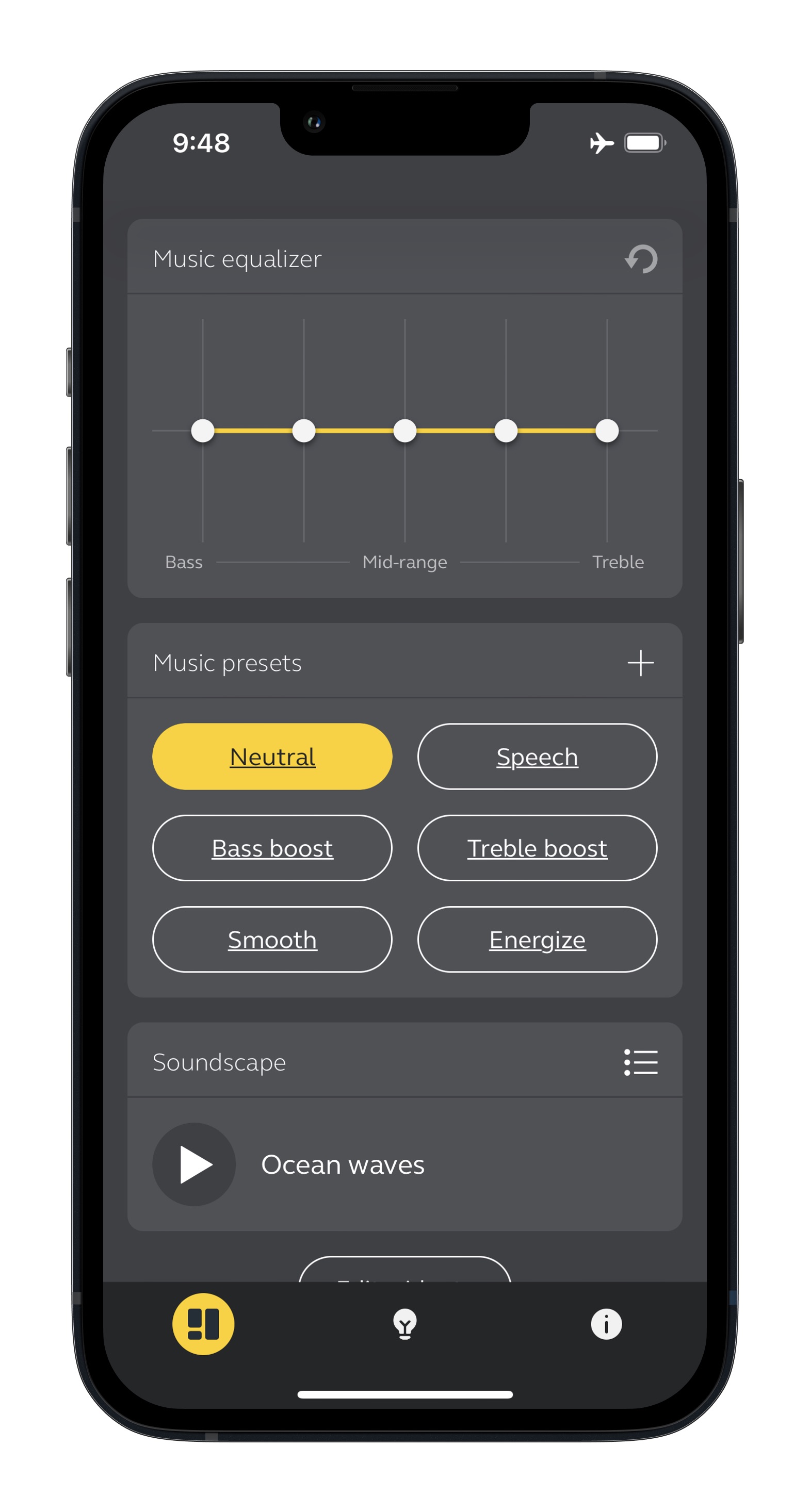 Jabra Sound+ app for iOS equalizer settings.