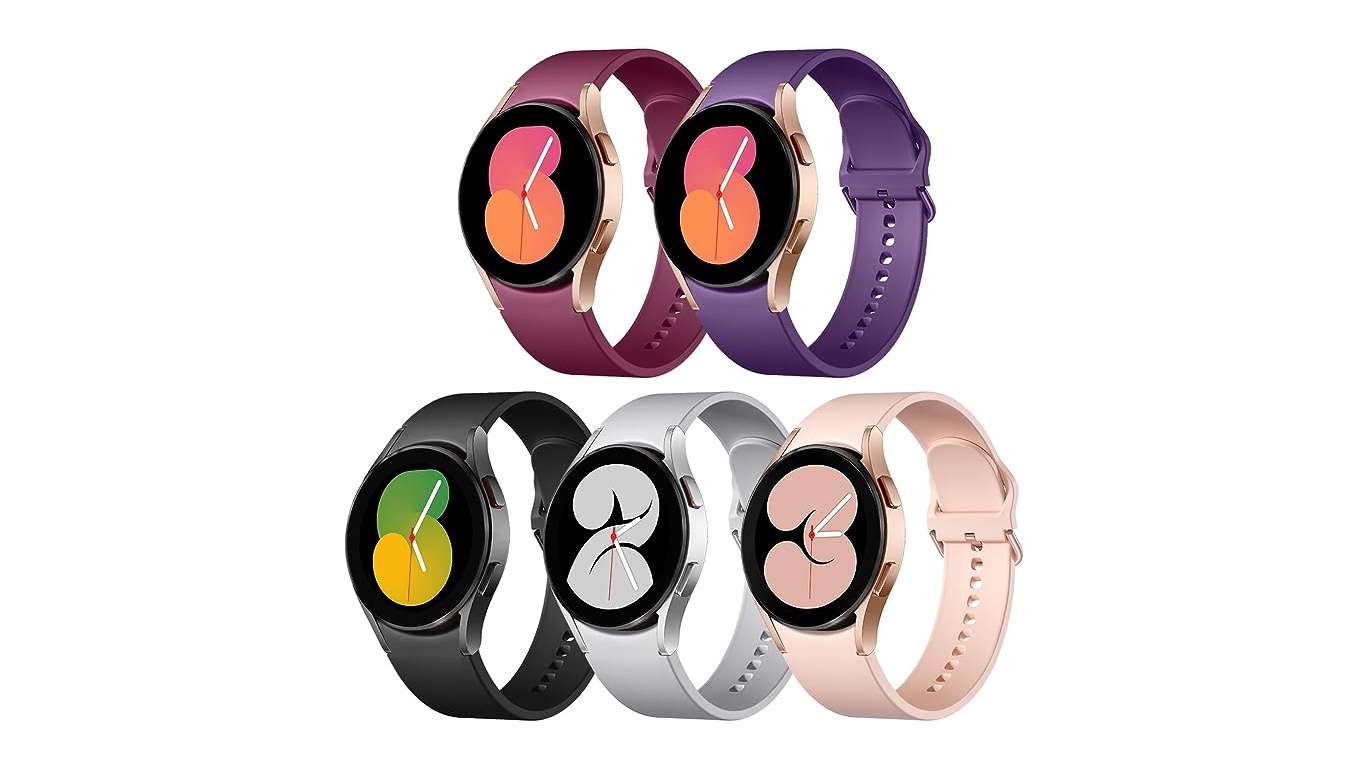 Five silicone bands for Galaxy Watch in black, dark purple, gray, wine, and pink sand colors.