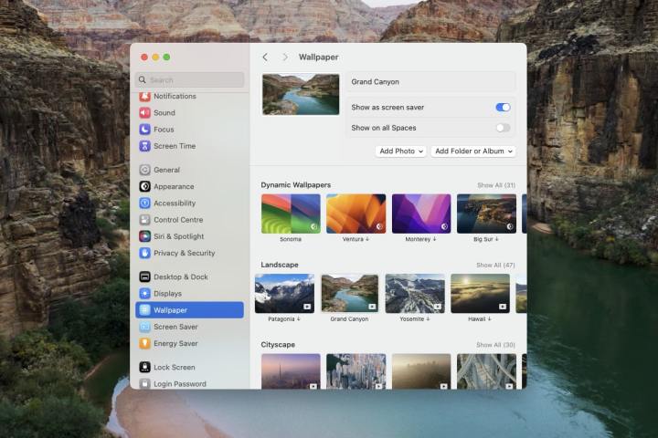 The System Settings app in macOS Sonoma, with the Wallpaper sub-menu open, allowing a user to choose a desktop background taken from a video screen saver.