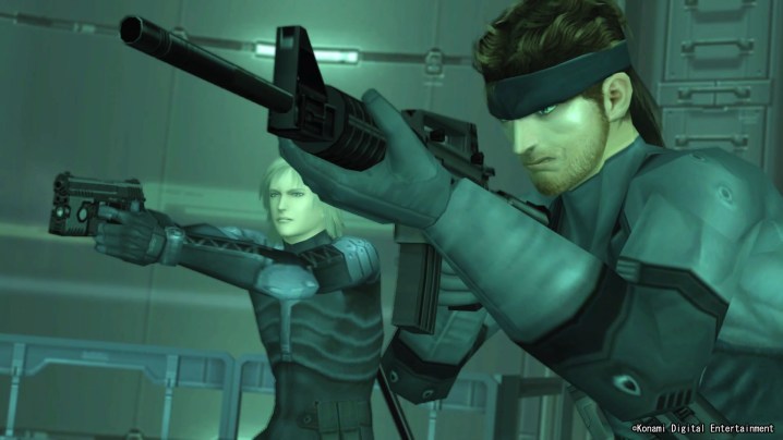 Solid Snake and Raiden hold weapons in Metal Gear Solid 2.
