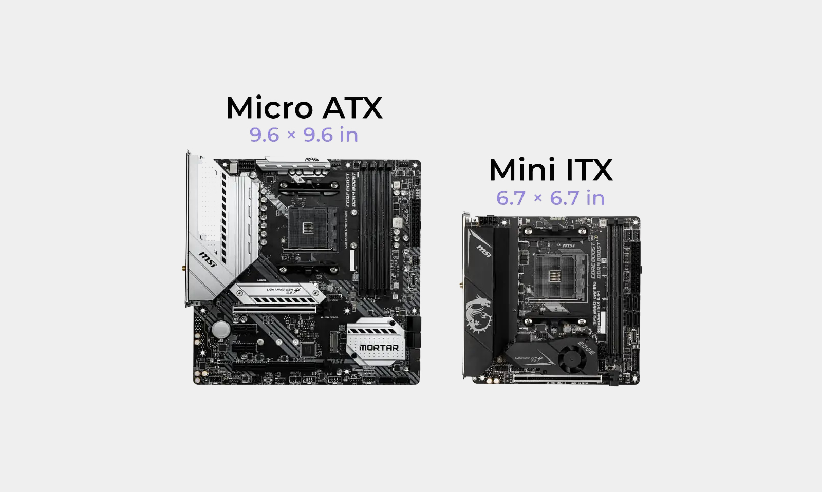 Comparação de tamanho de placa-mãe mini-ITX com placa-mãe micro-ATX.