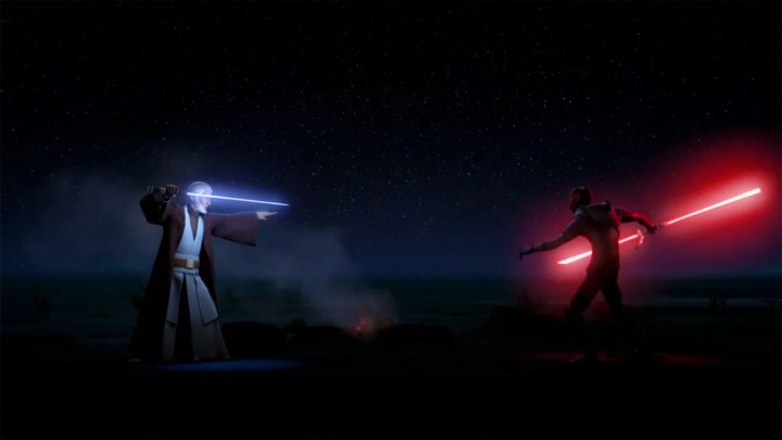 Obi-Wan Kenobi and Maul face each other, lightsabers drawn, beside a Tatooine campfire on Star Wars Rebels
