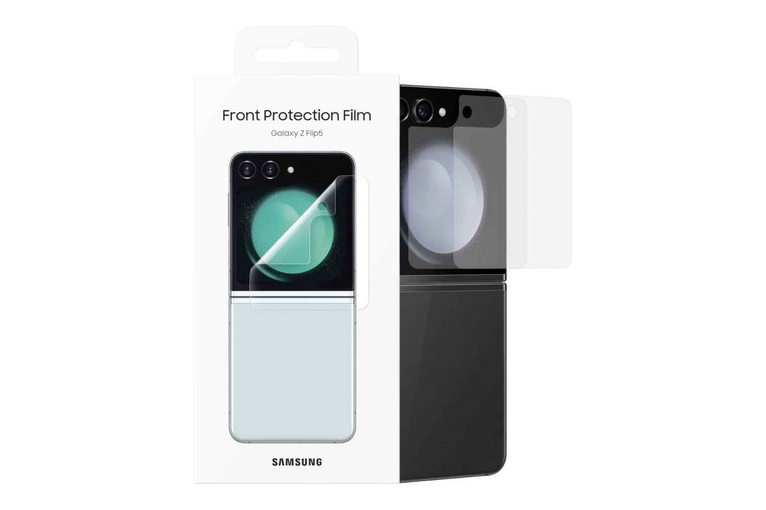 A película de proteção frontal oficial da Samsung para o Z Flip 5 em um fundo branco.