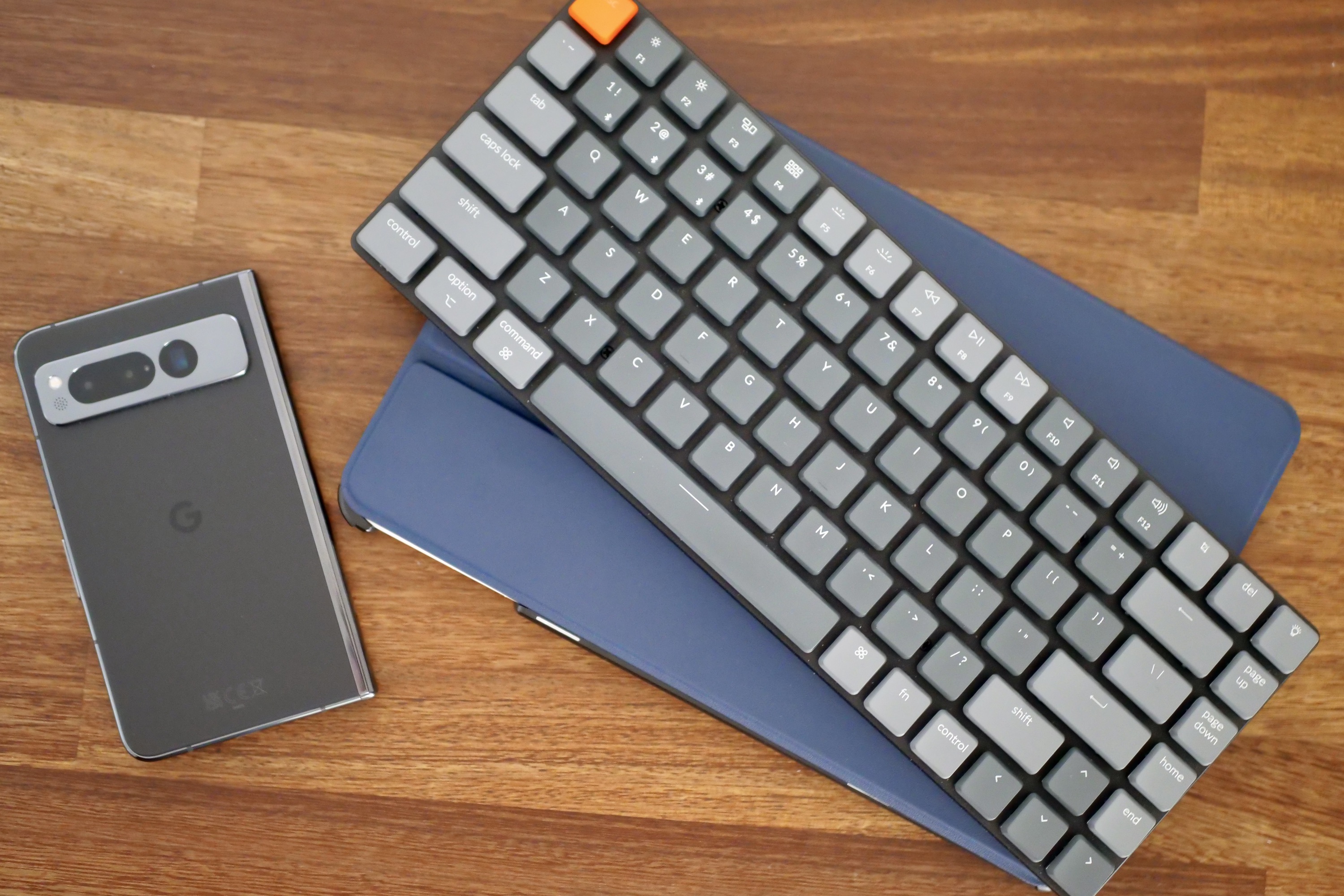 The Keychron K3 keyboard with the Pixel Tablet and Pixel Fold.