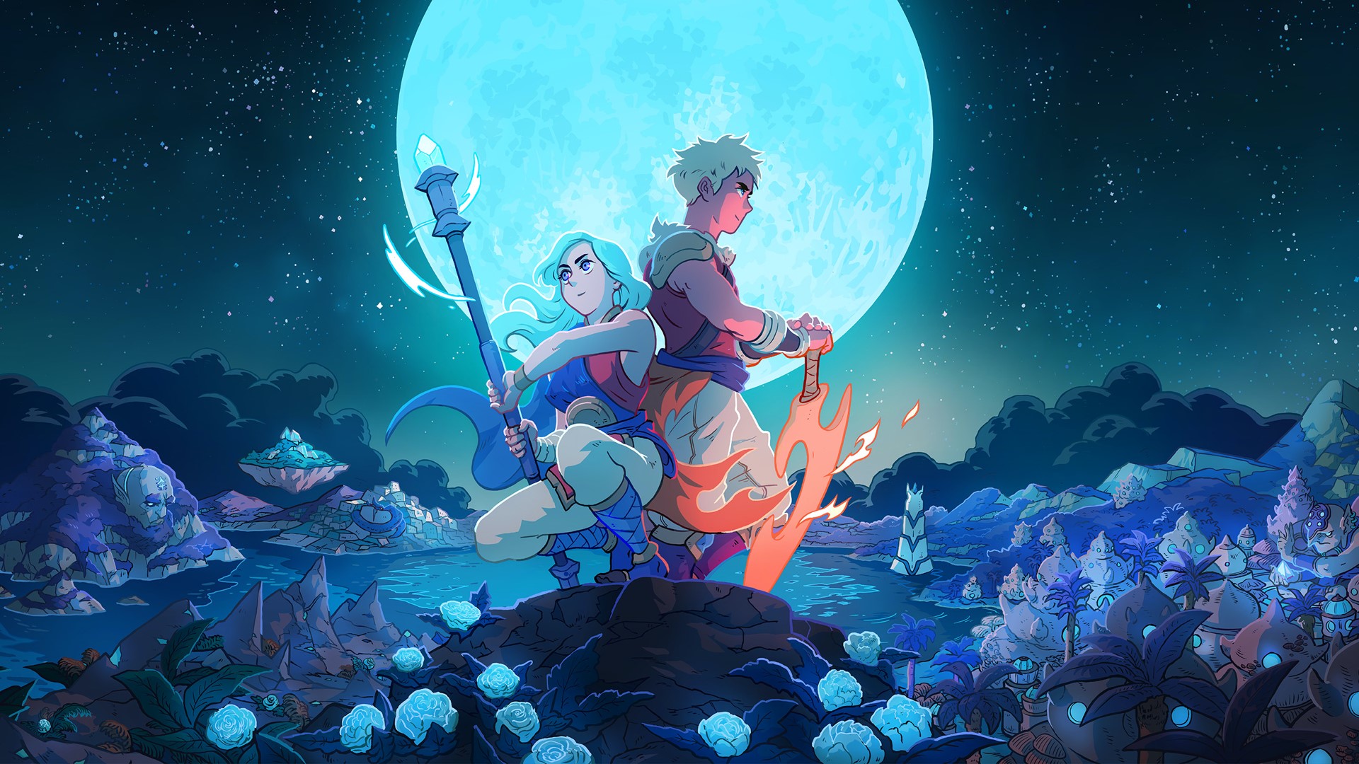 Sea of Stars heroes Zale and Valere crouching in front of moon