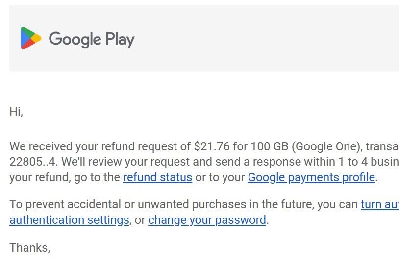 Google One refund confirmation.