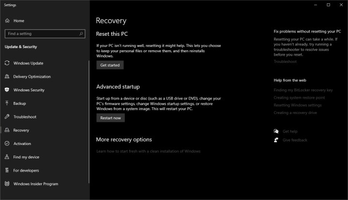Screenshot of Reset this PC in Windows 10.