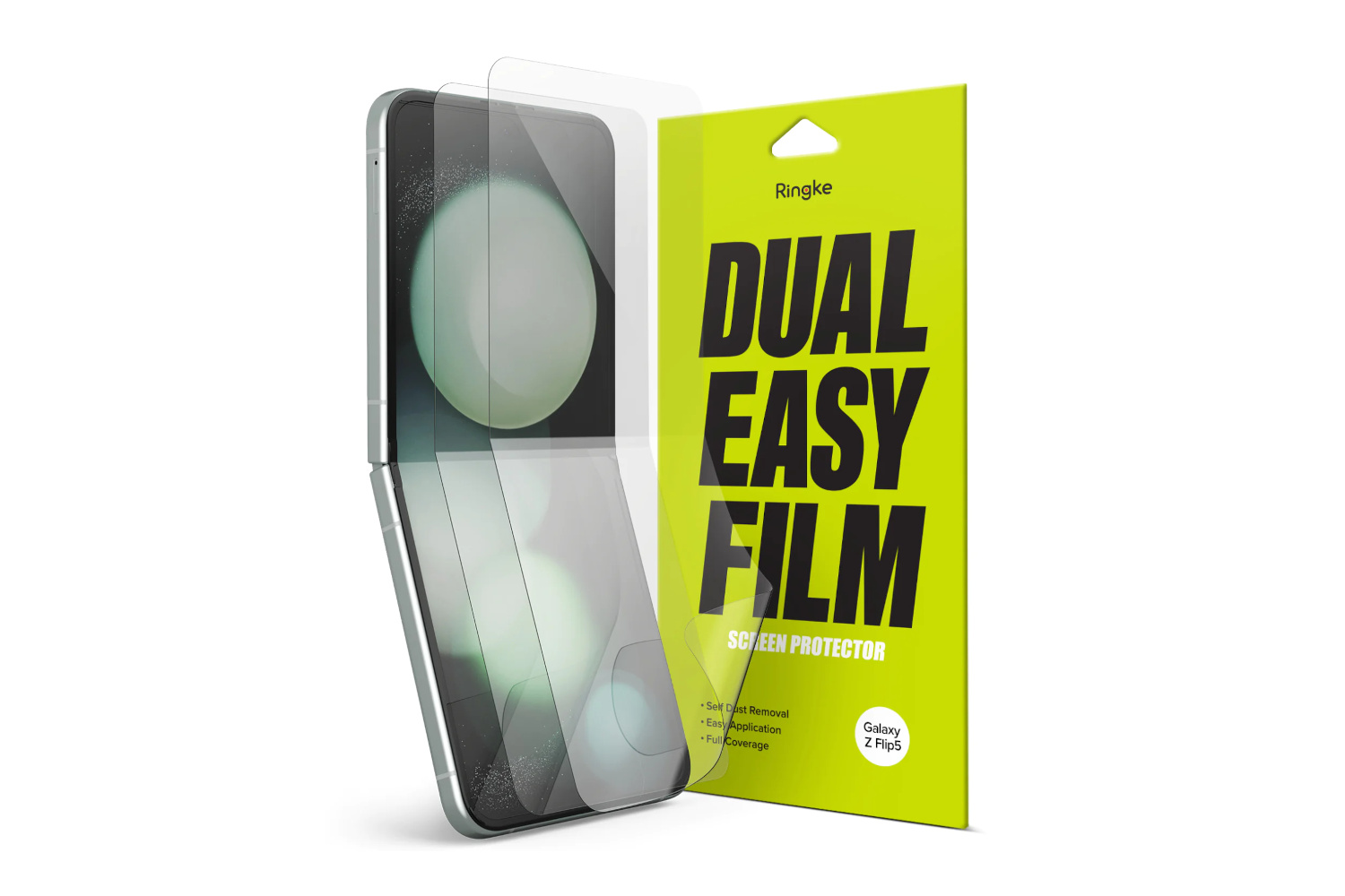 O protetor de tela Ringke Dual Easy para o Z Flip 5 em um fundo em branco.