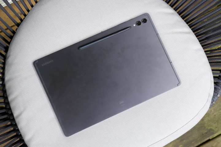The back of the Samsung Galaxy Tab S9 Ultra, lying face-down on a chair.