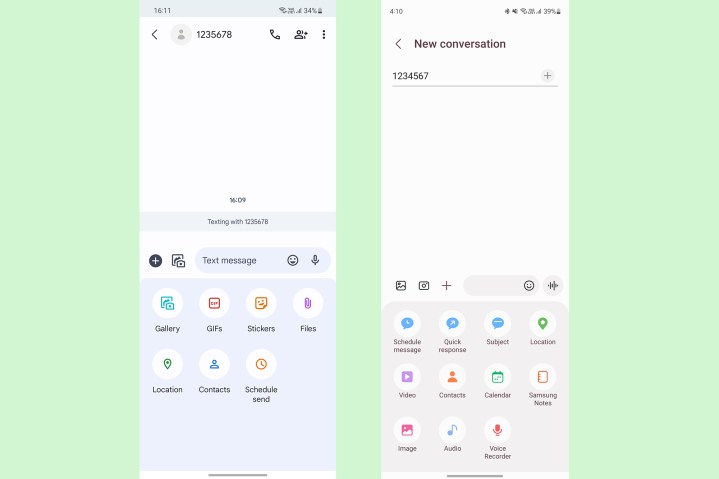 Google Messages vs Samsung Messages supported attachments.
