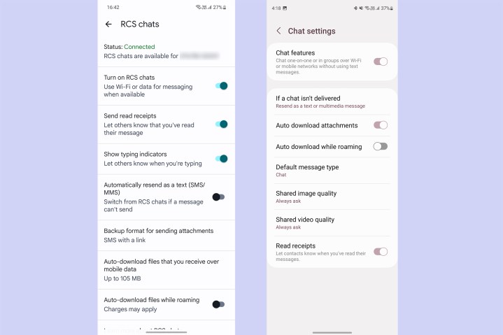 RCS settings for Google Messages vs. Samsung Messages.