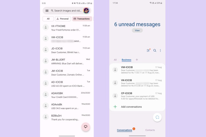 Message sorting in Google Messages vs. Samsung Messages