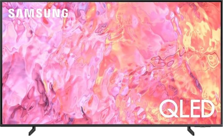 The Samsung Q60C 4K QLED TV showing a pink painted pattern.