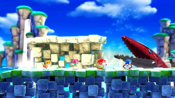 Sonic, Tails, Knuckles, and Amy Rose running in Sonic Superstars landscape course