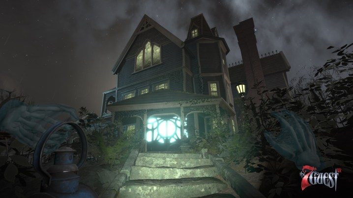 A mansion appears on a hill in The 7th Guest VR.