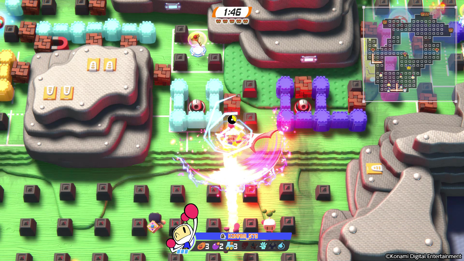 Uma rodada do modo Castle se desenrola em Super Bomberman R 2.