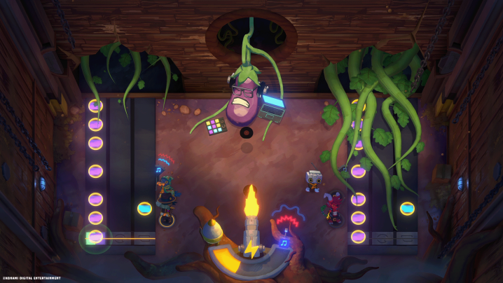 Players battle an eggplant boss in Super Crazy Rhythm Castle.