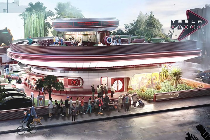 El diseño de la estación Supercharger propuesta por Tesla que incluirá un restaurante temático de la década de 1950.