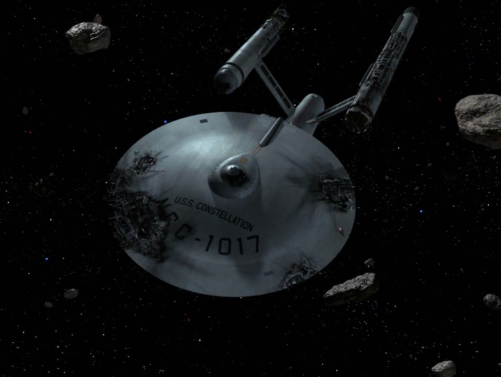 The battle-damaged USS Constellation from the remastered Star Trek episode "The Doomsday Machine"