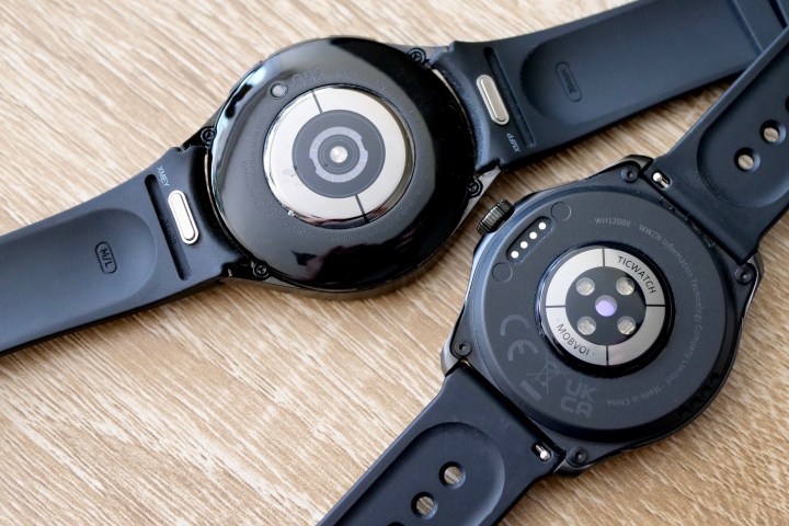 The Mobvoi Ticwatch Pro 5 and Samsung Galaxy Watch 6 Classic, showing the case backs.