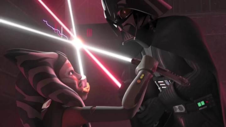 Ahsoka Tano uses two lightsabers to block an attack from Darth Vader on Star Wars Rebels