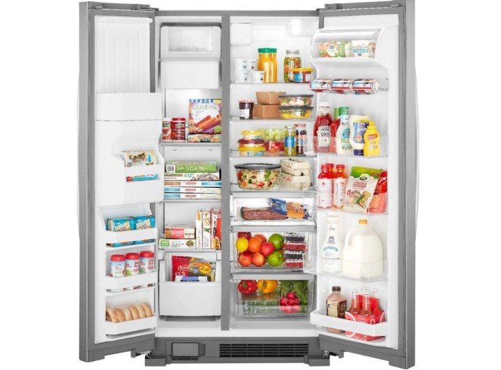 An open Whirlpool refrigerator on a white background.