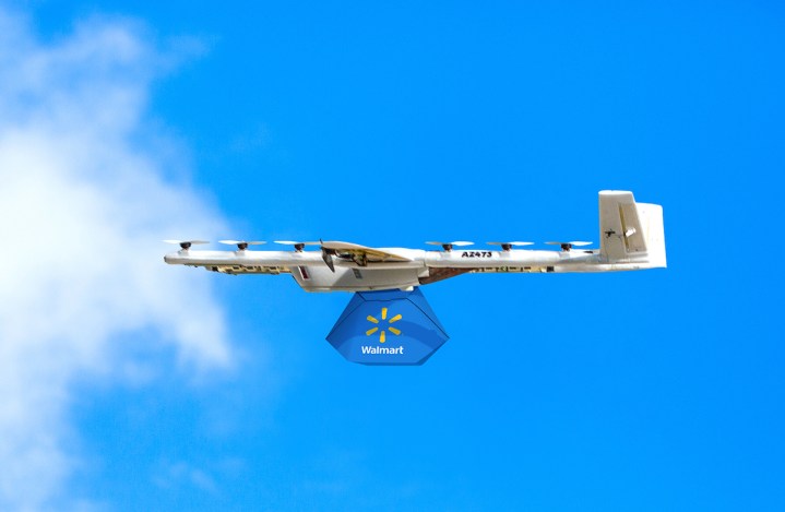 A Wing drone delivery a package from Walmart.