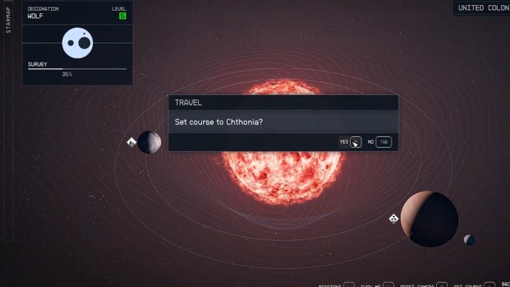 A solar system with a red giant star in the middle.