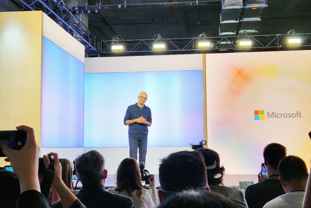 Microsoft CEO Satya Nadella talks on stage during the Microsoft September event.