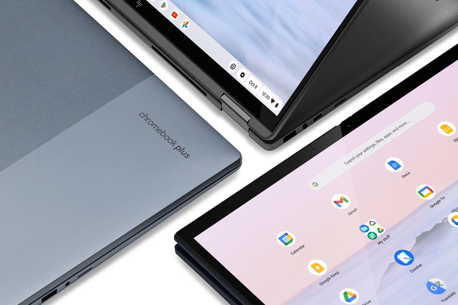 Several Chromebook Plus devices sitting by each other.