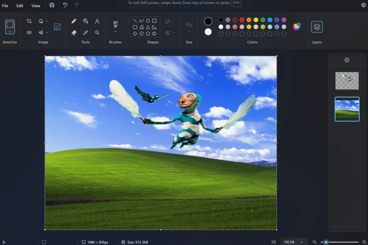 Una captura de pantalla de Microsoft Paint muestra la nueva característica de capas.