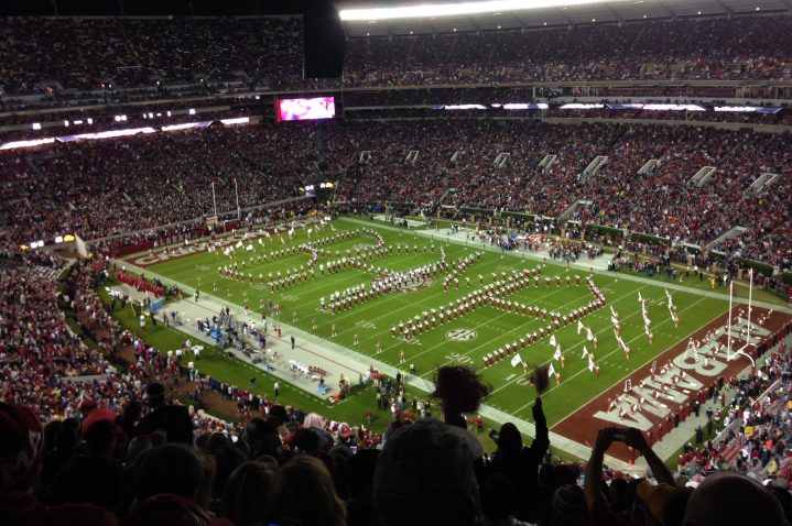 Aerial shot of the band on the Alabama's football stadium.