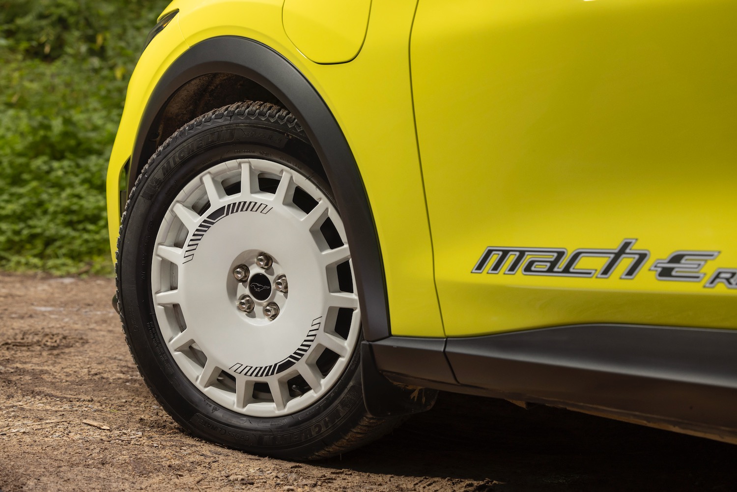 Close-up of a Ford Mustang Mach-E Rally wheel.